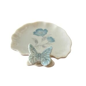 Vintage Porcelain Butterfly Ring Dish Trinket Dish Blue Floral Japan Cottagecore